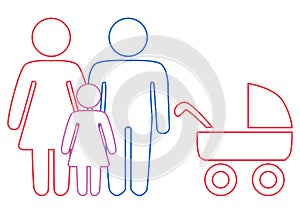 A schematic depiction of a hetero family couple man and woman with children, icon.