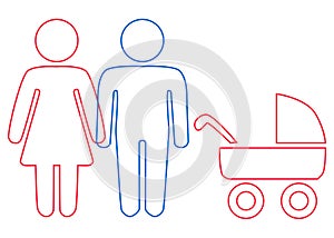 A schematic depiction of a hetero family couple man and woman with children, icon.