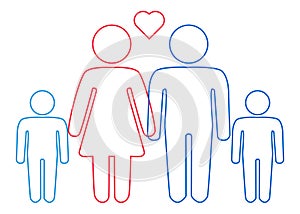 A schematic depiction of a hetero family couple man and woman with children, icon. photo