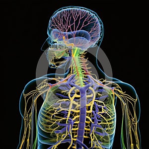 A schematic image of the human nervous system, featuring the brain, spinal cord, and peripheral nerves
