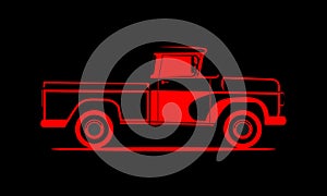 Schematic image pickup truck on a black background. Classic truck. Isolated vector illustration.