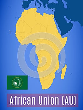 Schematic map and flag of the African Union AU.