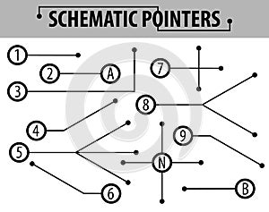 Schematický ukazatele. prodloužení vedení na označit z kresby a diagramy. prvky z grafický 