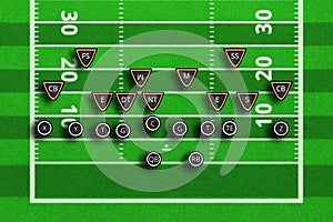 Scheme of football game. Team play and strategy. 3d illustration american football play with x`s and o`s. Top views of american