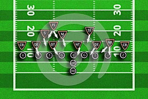 Scheme of football game. Team play and strategy. 3d illustration american football play with x`s and o`s. Top views of american