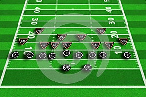 Scheme of football game. Team play and strategy. 3d illustration american football play with x`s and o`s. Top views of american