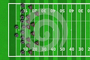 Scheme of football game. Team play and strategy. 3d illustration american football play with x`s and o`s. Top views of american