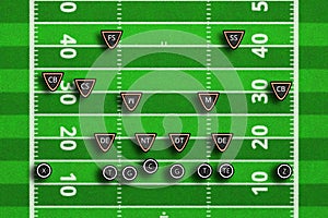 Scheme of football game. Team play and strategy. 3d illustration american football play with x`s and o`s. Top views of american