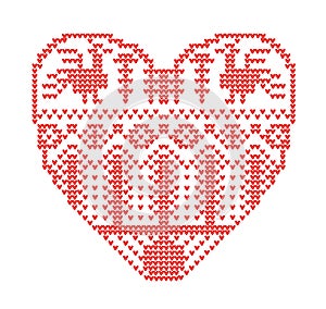 Scheme for knitting, geometric template with stylized heart in rural style. Vector cartoon for embroidery, knitting