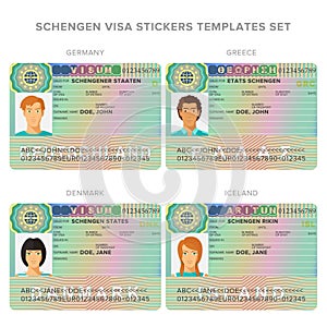 Schengen visa passport sticker templates for Germany, Greece, Denmark and Iceland set