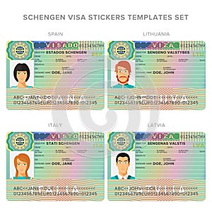Schengen visa passport sticker templates for spain, lithuania, italy and latvia set