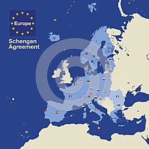 Schengen zone map, europe