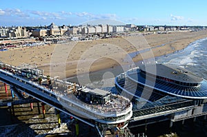 SCHEVENINGEN, THE HAGUE, NETHERLANDS - August 14, 2016: View of the beach and famous pier in a modern resort Scheveningen.