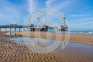 Scheveningen pier viewed from the sandy beach, The Hague, Netherlands