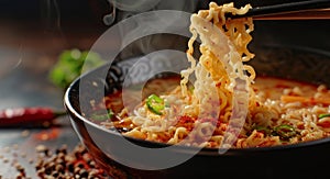 Schezwan Noodles or vegetable Hakka Noodles or chow mein is a popular Indo-Chinese recipes, served in a bowl or plate photo