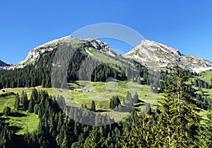 Schiberg Mountain above the valley Wagital and alpine Lake Wagitalersee Waegitalersee, Innerthal - Canton of Schwyz, Switzerland