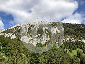 Schiberg mountain above the Wagital valley or Waegital and the Wagitalersee alpine Lake Waegitalersee, Innerthal