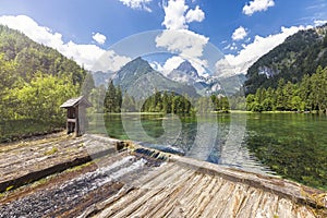 At the Schiederweiher in Hinterstoder with a view at the mountain peaks Spitzmauer and Grosser Priel