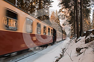 SCHIERKE, SAXONY-ANHALT / GERMANY - JANUARY 19, 2019: famous and historic Brockenbahn in the forest at Harz Mountains National