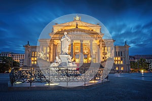 Schiller Monument and Berlin Concert Hall in Gendarmenmarkt Square at night - Berlin, Germany