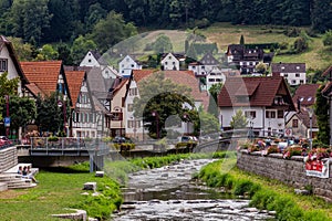 SCHILTACH, GERMANY - SEPTEMBER 1, 2019: Schiltach stream in Schiltach village, Baden-Wurttemberg state, Germa