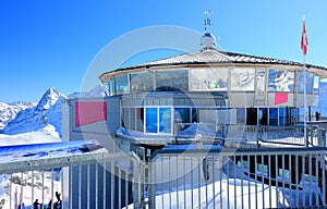 Schilthorn`s summit, 2970 m, with the Piz Gloria.  Bernese Alps of Switzerland, Europe.