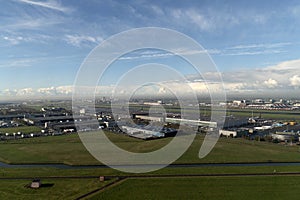 Schiphol airport amsterdam building and operation area aerial view after take off