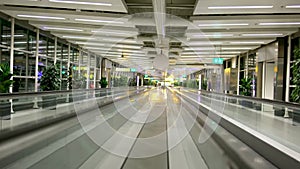 Schiphol Airport, Netherlands 2023 Empty moving sidewalk or walkway in Schiphol Amsterdam airport terminal due to