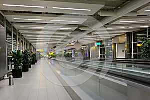 Schiphol Airport, Netherlands 2023 Empty moving sidewalk or walkway in Schiphol Amsterdam airport terminal due to