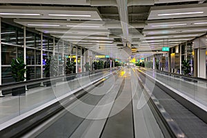 Schiphol Airport, Netherlands 2023 Empty moving sidewalk or walkway in Schiphol Amsterdam airport terminal due to
