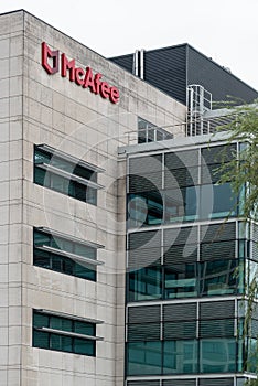 Signage with logo at the headquarters of virus removal and cybersecurity company McAfee