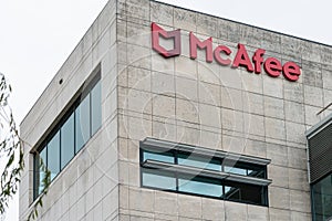 Signage with logo at the headquarters of virus removal and cybersecurity company McAfee