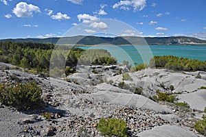 Schistose banks of the blue lake Yesa