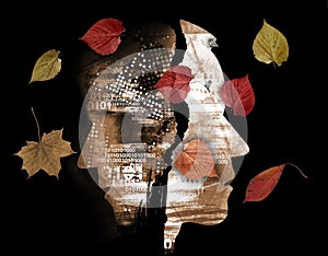 Schizophrenia, depression, male heads,autumn leaves.