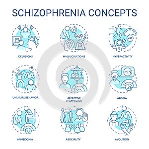 Schizophrenia disorder soft blue concept icons