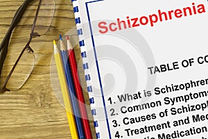 Schizophrenia mental disorder disease with related subject on a cover of a lecture