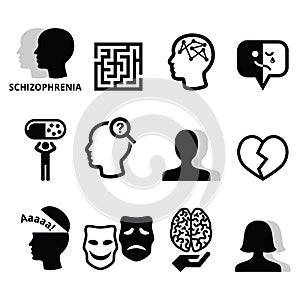 Schizophrenia, mental health, psychology icons set