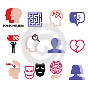 Schizophrenia, mental health, psychology icons set