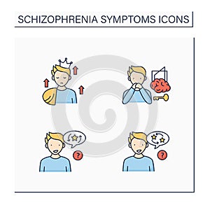 Schizophrenia symptoms color icons set
