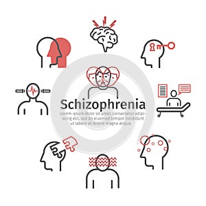 Schizophrenia banner. Symptoms, Treatment. Icons set. Vector signs for web graphics. photo