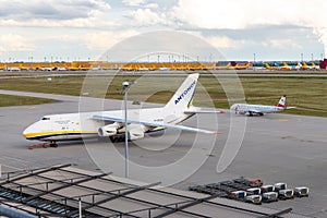 Schkeuditz, Germany - 29th May, 2022 - Many big An-124-100 ukrainian Ruslan cargo jets parked on Leipzig Halle airport