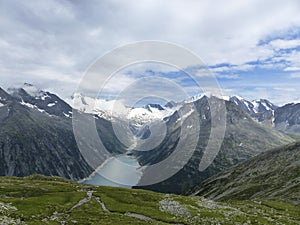 Schlegeisspeicher reservoir, Olperer hut, at Berlin high path, Zillertal Alps in Tyrol, Austria