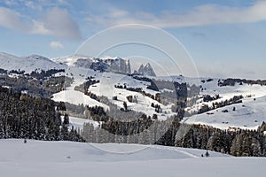 Schlern and Seiser Alm, Alpe di Siusi in South Tirol, SÃÂ¼dtirol, covered in Snow. Well known Landscape in Alto Adige photo