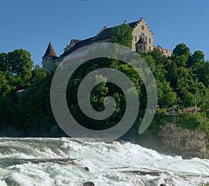 Schloss Laufen and the `Rheinfall`, last waterfall on the Rhine river, Schaffhausen