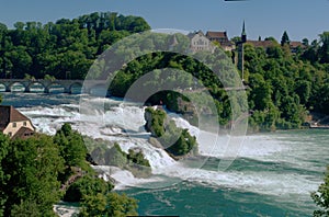 Schloss Laufen and the `Rheinfall`, last waterfall on the Rhine river, Schaffhausen