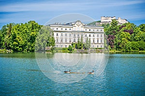 Schloss Leopoldskron with Hohensalzburg Fortress in Salzburg, Austria