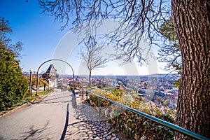 Schlossberg with Uhrturm in deserted town Graz at virus quarantine