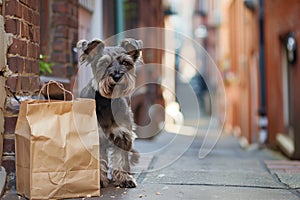 schnauzer with a bakery bag in urban alley