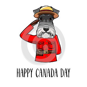 Schnauzer dog. Dog wearing in Royal Canadian Mounted Police form. Happy Canada day greeting card. Vector.