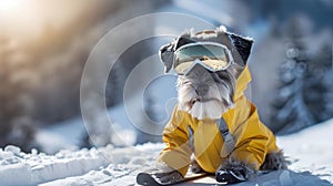 Schnauzer dog wearing goggles and a stylish outfit sitting on the snow, AI-generated.